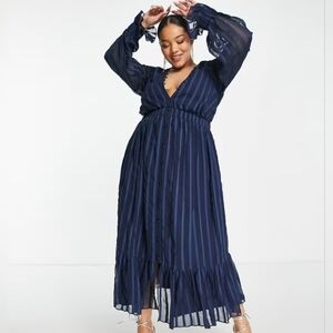 ASOS Curve Maternity Sz 12 Navy Satin Chiffon Sheer Striped Ruffles Midi Dress